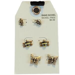 3 Pair Animal Stud Earring Elephant Bee Butterfly Nickel Free Gold Tone Gift Bag